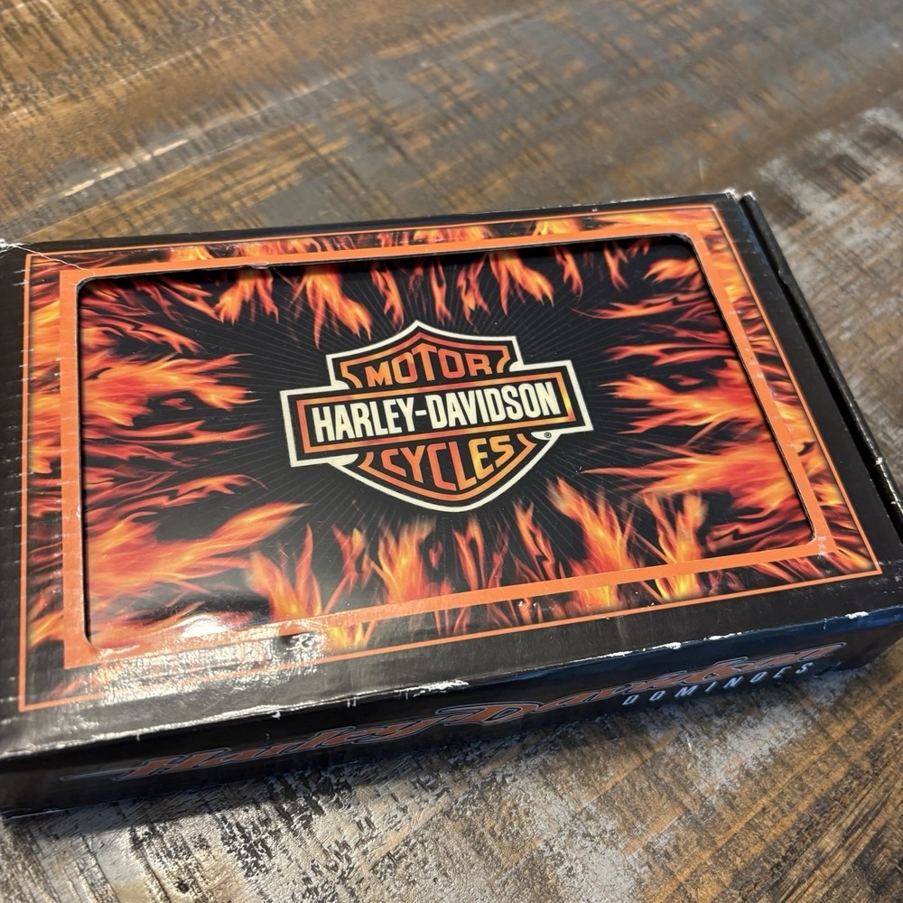 Harley Davidson Dominoes Set Double Twelve Hard Case Flames Sealed